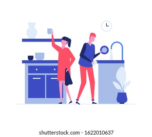 Couple washing dishes together flat vector illustration. Young man and woman, husband and wife cartoon characters. Household chores, housekeeping, housework concept. People cleaning after dinner