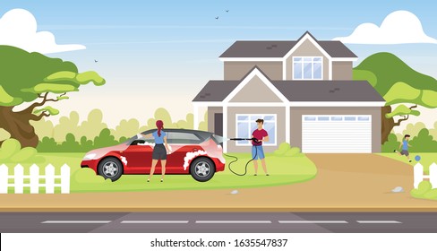 Couple washing hatchback flat color vector illustration. Happy couple and child 2D cartoon characters with country house on background. People cleaning family car together outdoors