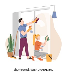 Couple washing windows at home together. Vector housework chores, husband and wife doing house work domestic duties. Family cleaning and tidying up flat, housekeeping routine, people in gloves