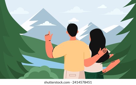 Couple watch landscape. Man and woman in forest stand and look at mountains. Active lifestyle, hiking and camping. Pair spending time together outdoor. Cartoon flat vector illustration