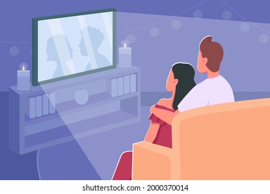 Couple Watch Movie Flat Color Vector Illustration. Romantic Date Night At Home. Film Marathon For Weekend. Cuddling Boyfriend And Girlfriend 2D Cartoon Characters With Cozy Interior On Background