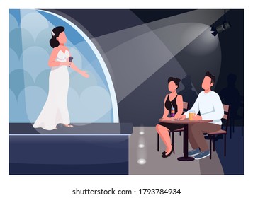 Couple watch performance flat color vector illustration. Singer on stage. Man and woman sit at table and listen to live music. Lovers 2D cartoon characters with concert hall on background