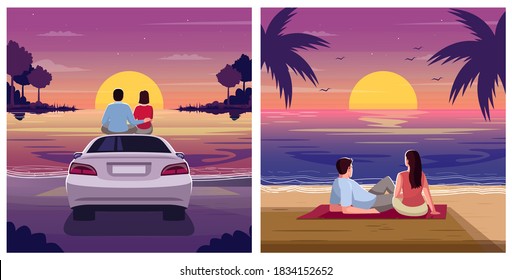 Couple watch sunset semi flat vector illustration set. Romantic weekend for woman and man. Pair sit on blanket in dusk. Lovers on beach 2D cartoon characters for commercial use collection