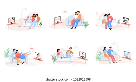Couple watch various TV show set. People sitting on the couch and rest. Spending time together. Isolated vector illustration in cartoon style