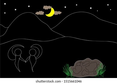 Couple watch yellow moon and white star at night. Two ghosts in love with mountains background.