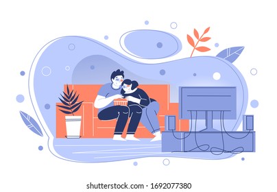 A couple watching 3d movies on TV at home. A guy and a girl with interest watching the movie. Spending time. Self-isolation. Stay at home. Vector illustration