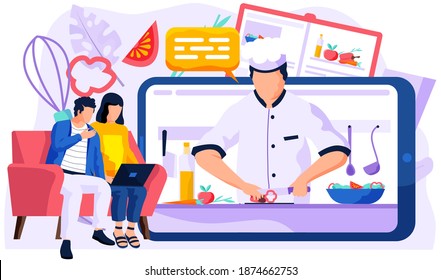 Couple watching food blog. The cook on mobile phone screen cuts the bell pepper. Online lesson in cooking vegetable salad. Cooking learning application. Photo processing of professional chef