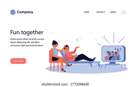 Couple watching football fans on TV. Show, sport match support, leisure flat vector illustration. Sport addiction, championship, fan club concept for banner, website design or landing web page