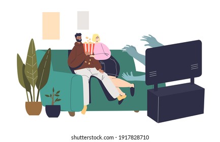 Pareja viendo una película de terror en televisión en casa sentada asustada en el sofá en la sala de estar. Joven y mujer asustada del cine. Dibujo vectorial plano de dibujos animados