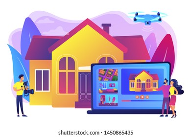 Couple watching house tour. Professional aerial property video. Real estate video tour, real estate marketing, real estate drone video concept. Bright vibrant violet vector isolated illustration