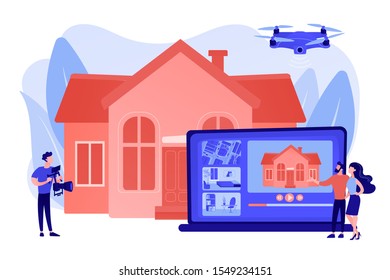 Couple watching house tour. Professional aerial property video. Real estate video tour, real estate marketing, real estate drone video concept. Pinkish coral bluevector isolated illustration