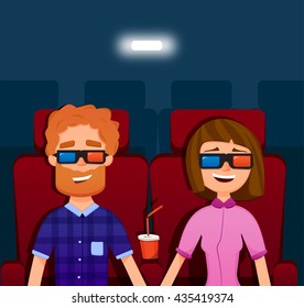 Couple watching a movie in the cinema. People Sitting in Cinema.Vector Illustration