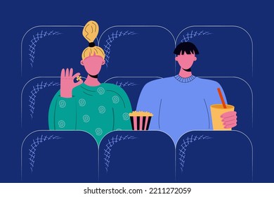 Couple watching movie in cinema theater  holding popcorn and soda, vector illustration