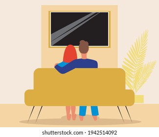 Couple is watching a movie as a hobby. Flat vector stock illustration. TV in the interior. A couple seen from the back. Hobby together. Young man, woman watching TV. Vector graphics