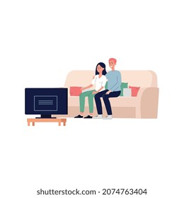Couple watching movie at home sitting on comfortable sofa, flat vector illustration. Man and woman watching home cinema or cable television channel together.