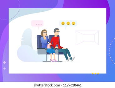 Couple watching movie. Man and woman characters in cinema. Conceptual Modern and Trendy colorful vector illustration for landing page. Web template.