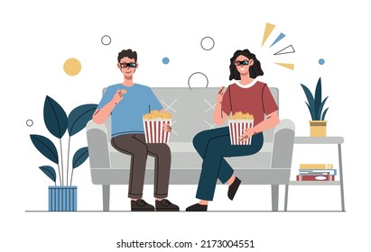 Couple watching movie. Man and woman in 3d glasses sitting comfortably on couch. Happy family resting after working day, watching TV, movie or series in evening. Cartoon flat vector illustration svg