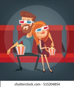 Couple watching movie. Man and woman characters. Vector flat cartoon illustration