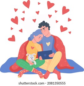 Couple watching movie semi flat color vector characters. Sitting figures. Full body people on white. Cuddling people isolated modern cartoon style illustration for graphic design and animation