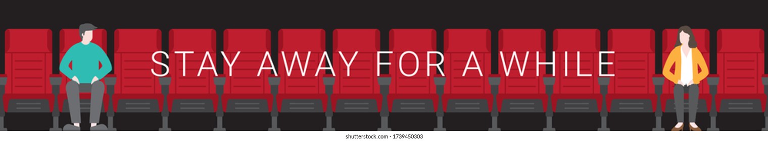 Couple watching movie in theater. New normal is stay away and keeping social distance for a while. After pandemic of covid-19 corona virus. Banner design flat and minimal style. svg