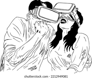 couple watching movie in virtual reality device stock image, wife excited husband wife teasing VR glasses, sketch drawing, vector illustration of Young couple in vr glasses enjoying of watching movie 