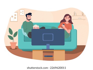 Couple watching movies. Man and woman sit on sofa and watch TV. Movies and series, joint rest after work. Young girl and guy with popcorn at home near television. Cartoon flat vector illustration svg