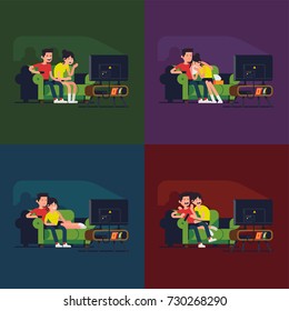 Couple watching movies. Vector flat character design on couple watching movies of different genres. Different reactions on TV shows and films. Couple watching comedy, family movie, thriller or drama