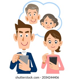 A couple watching over their distant parents on their mobile phones