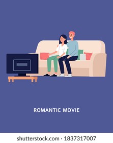 Couple watching romantic movie together, flat vector illustration. Banner or poster for home theater channels with a demonstration of romantic melodramas and TV series.