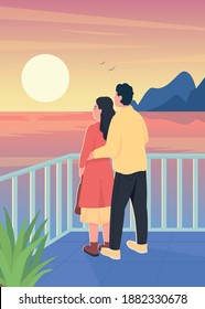 Couple watching romantic sunset flat color vector illustration. Man hug woman from behind. Dating, spending time together. Boyfriend and girlfriend 2D cartoon characters with landscape on background