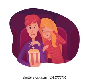 Couple watching scary movie flat vector illustration. Teenagers having romantic date drawing. Young boy and girl cartoon characters. Horror, thriller, mystery film. Isolated design element