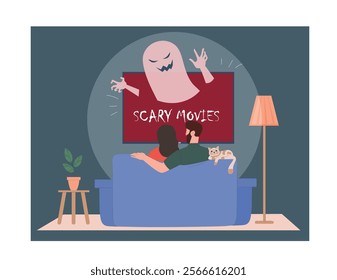 Couple watching scary movies. Man and woman sitting on sofa and watching horror films on TV. Pair spending time together indoors. Fun and entertainemnt. Flat vector illustration