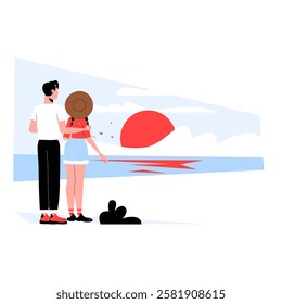 Couple Watching Sunset At The Beach In Flat Vector Illustration Symbolizing Romance, Relaxation, And Summer Vacation, Isolated On White Background