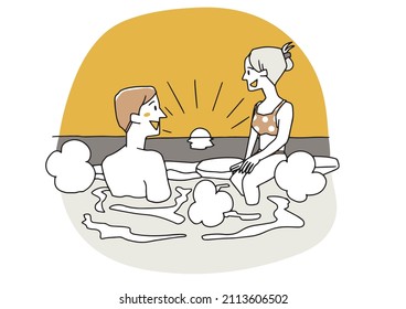  A couple watching the sunset at a hot spring in a seaside resort, a comical handwritten person, a vector, and simple coloring of line drawings.