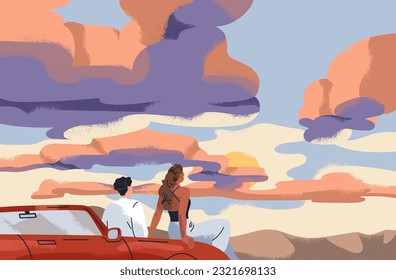 Couple watching sunset on evening sky with clouds. Man and woman tourists travel by car, stop to sit on bumper and look at sun set. Road adventure on summer holiday. Flat vector illustration