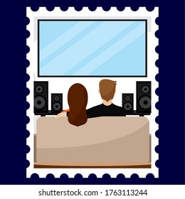 Couple watching television. Home entertainment - Vector illustration
