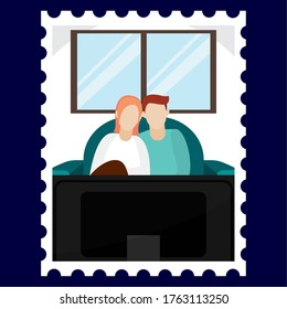 Couple watching television. Home entertainment - Vector illustration