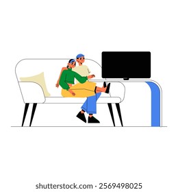 Couple Watching Television On A Sofa In Flat Vector Illustration Symbolizing Relaxation, Entertainment, And Leisure, Isolated On White Background.