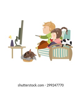 Couple watching television sitting on the couch. Vector isolated illustration