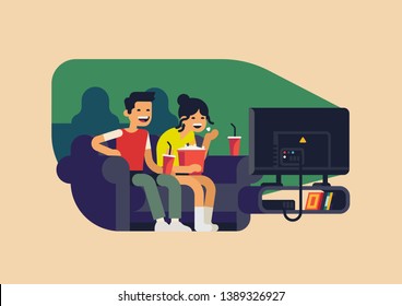 Couple watching television together. Adult young man and woman enjoying good movie at home. Movie night concept flat vector illustration