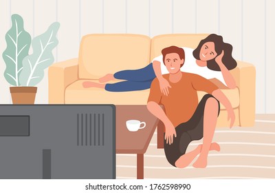 Couple watching television together. Adult young man and woman 
enjoying good movie at home. flat concept vector illustration