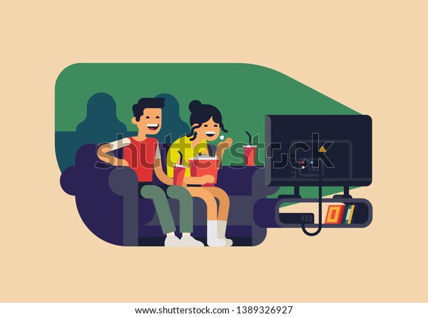 2人でテレビを見る 家で良い映画を楽しむ成人の若い男性と女性 映画の夜のコンセプトのフラットベクターイラスト のベクター画像素材 ロイヤリティフリー Shutterstock