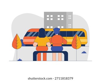 A couple watching a train pass by while sitting together, enjoying the view. Character design. Vector flat illustration