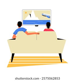 Couple Watching Travel Show On TV In Flat Vector Illustration Symbolizing Relaxation, Bonding, And Travel Inspiration, Isolated On White Background