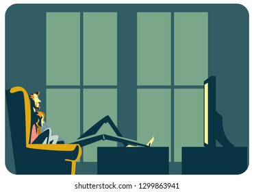 Couple watching TV and chilling vector graphic design.