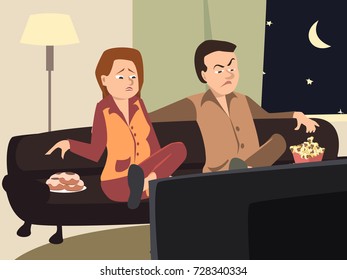 couple watching tv with different emotions