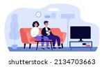 Couple watching TV and drinking wine. Man and woman sitting on sofa of home living room flat vector illustration. Television, entertainment concept for banner, website design or landing web page