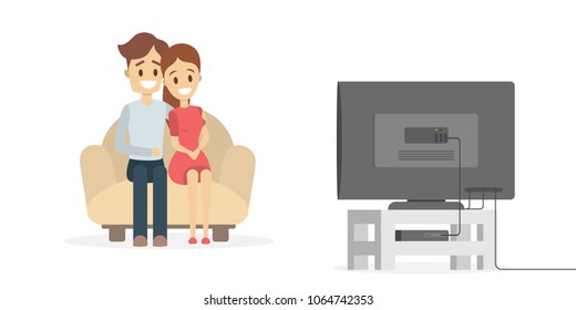 Couple watching TV at home together on white.