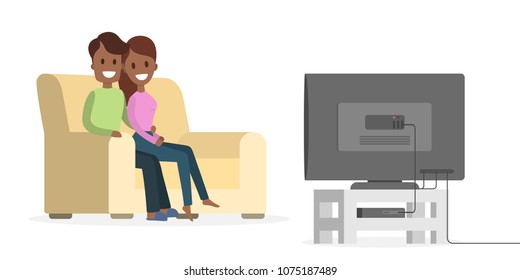 Couple watching TV at home together on white.