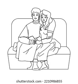 Couple Watching Tv Line Pencil Drawing Vector. Home Television, Sofa Man Woman, Couch Movie Couple Watching Tv Character. People Illustration